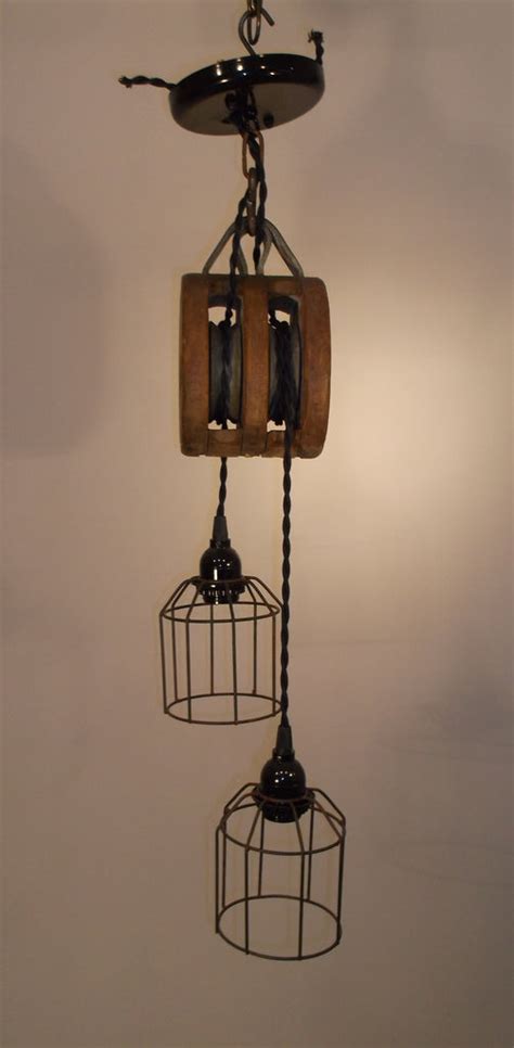 Hand Made Vintage Wooden Pulley Light Fixture With Wire Cages Northup