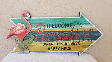 Welcome To Paradise Tropical Flamingo Wood Sign