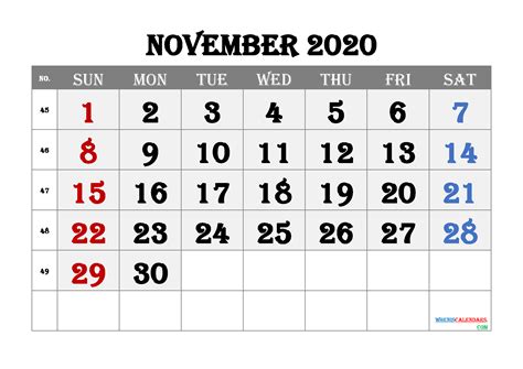 Printable November 2020 Calendar 6 Templates Pdf And Png