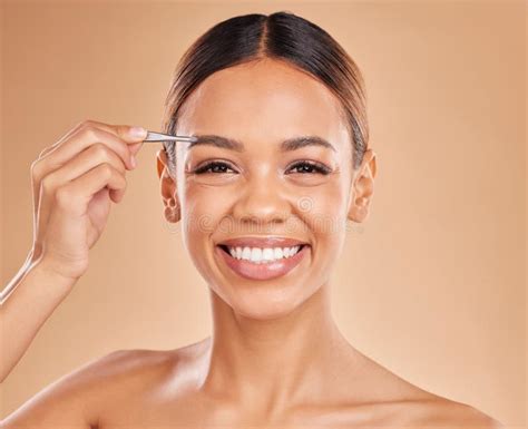 Beauty Eyebrows And Portrait Of Woman And Tweezers In Studio For Clean