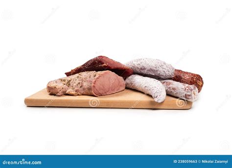 Various Of Meat Smoked Meat Sausage Salami Isolated On A White Stock