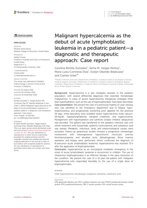 Pdf Malignant Hypercalcemia As The Debut Of Acute Lymphoblastic