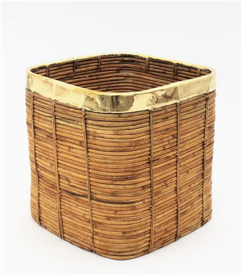 large midcentury gabriella crespi style brass and rattan bamboo planter or basket at 1stdibs