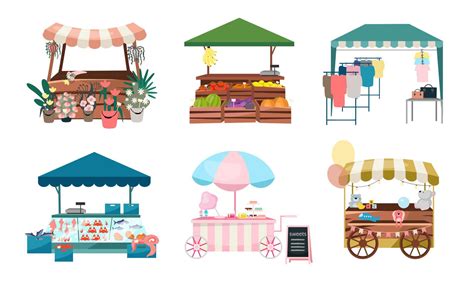 Market Stalls Flat Vector Illustrations Set Fair Funfair Trade Tents Outdoor Kiosks And Carts