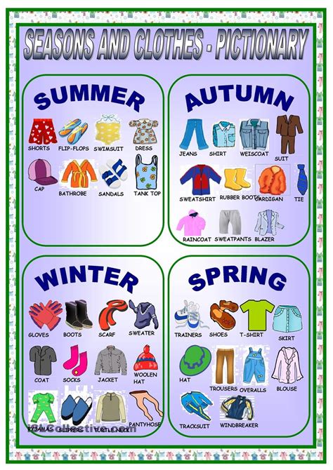 Clothes And Seasons Pictionary Seasons Worksheets Seasons Activities