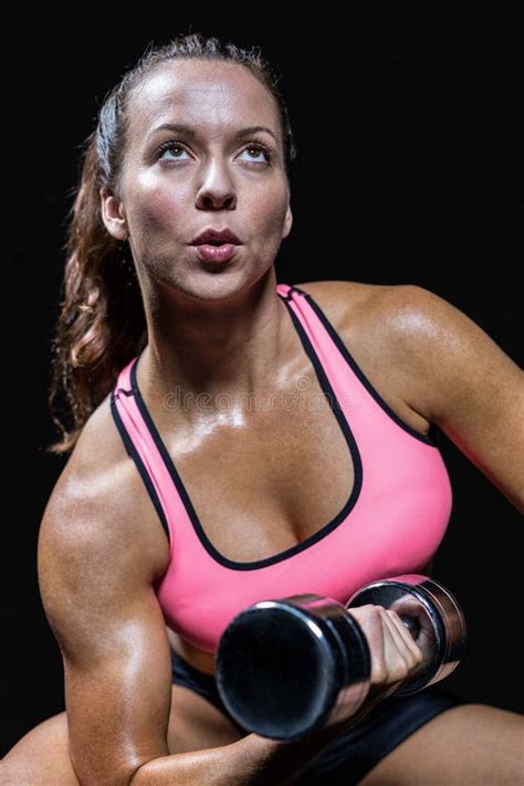 Close Up Of Dumbbells By Slim Woman Stock Image Image Of Black