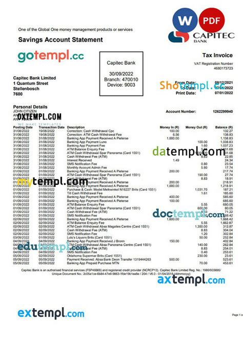 Doctempl Usa Capitec Banking Statement Word And Pdf Template Page