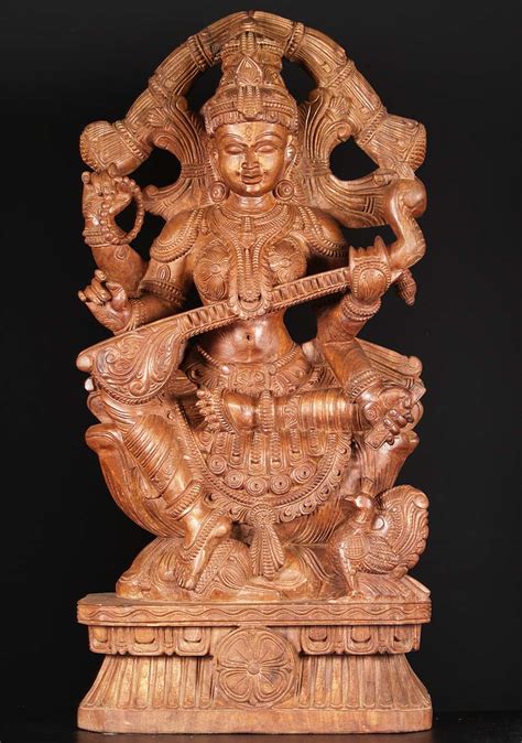 Sold Wooden Saraswati Carving Playing Veena 36 76w2bj Hindu Gods