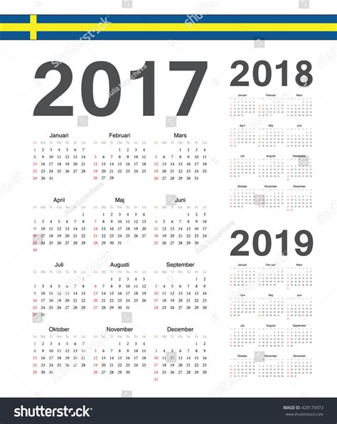 Set Of Simple Swedish 2017 2018 2019 Year Vector Calendars Week
