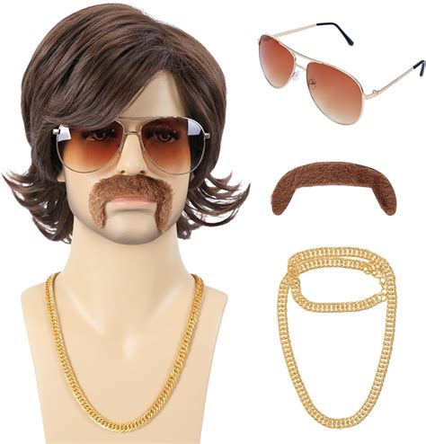70s Mens Brown Costume Wig And Stick On Mustache Set Famous Singer Cop Detective 60