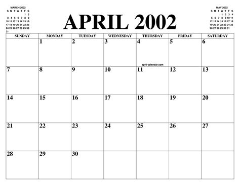 April 2002 Calendar Of The Month Free Printable April Calendar Of The