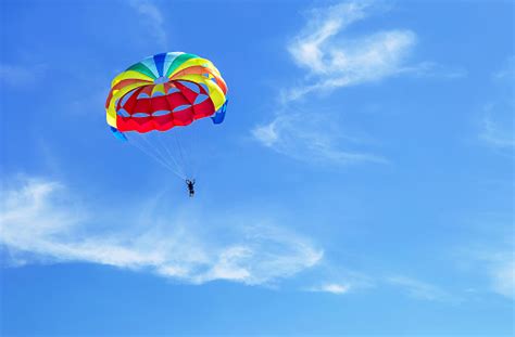 Parachute Jumping Parachute Is In The Sky Under The Clouds Stock Photo