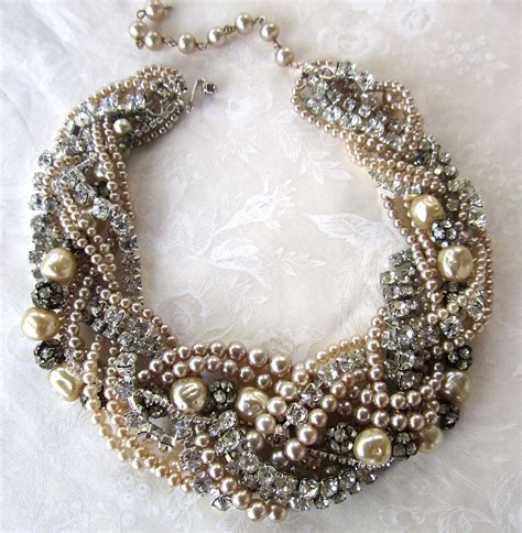 Chunky Pearl And Rhinestone Necklace Huge Bridal Statement