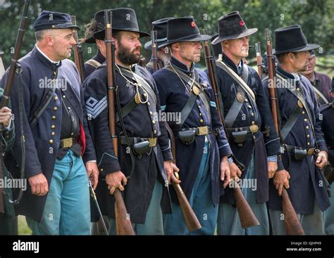 Union Soldiers On The Battlefield Of A American Civil War Reenactment