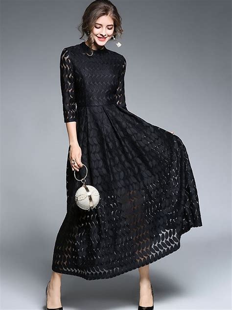 Black Hollow Out Maxi Vintage Dress Elegant Black Dress Maxi Dress Evening Lace Swing Dress