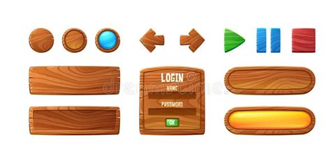 Wooden Game Buttons Cartoon Menu Interface Set Stock Vector