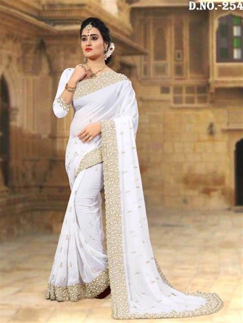 Designer Indian Womens Party Wear White Color Heavy Pearl Embroidered