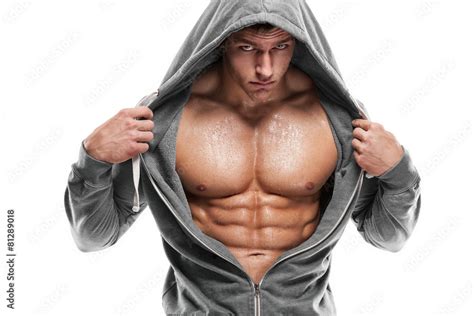 Strong Athletic Man Fitness Model Torso Showing Six Pack Abs Is Stock
