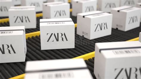 Logo Of Zara On The White Boxes On The Conveyor Editorial Loopable 3d