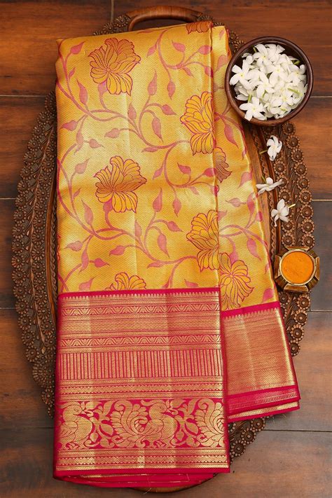 golden yellow zari woven kanchipuram silk half fine zari saree eg00016 saree designs party