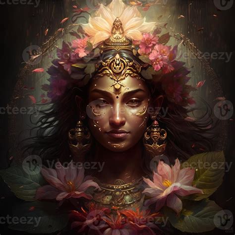 Hindu Indian Beautiful Goddess Lakshmi Head Morphing Into Flower