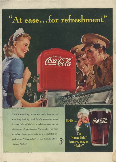 At Ease For Refreshment Coca Cola Ad 1942 Servicemen Lady Soda Jerk L