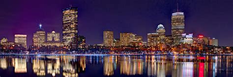 Boston Back Bay Skyline At Night 2017 Color Panorama 1 To 3 Ratio