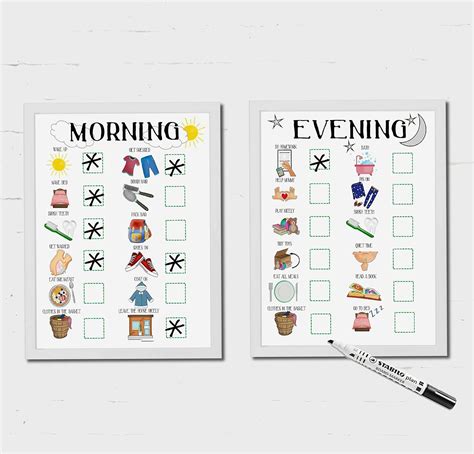 Kids Morning And Evening Routine Charts Use The Pen Or Stickers Girls