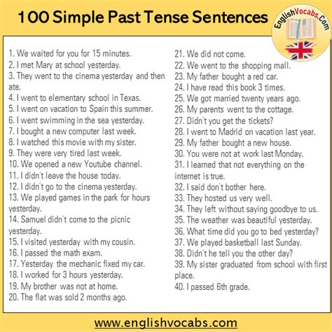 100 Simple Past Tense Example Sentences English Vocabs