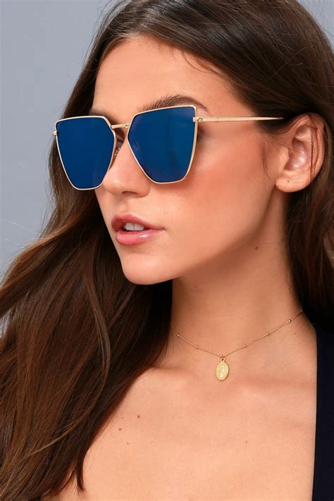 Cool Gold And Blue Mirrored Sunglasses Geometric Sunnies Lulus