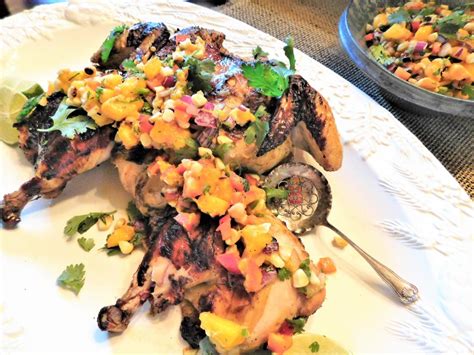 Place a little of the marinating oil into a non stick pan on top with a little pineapple salsa and garnish with a mint sprig and some oil from the pan or a little. Spicy Grilled Peach and Corn Salsa with Lime Marinated Chicken