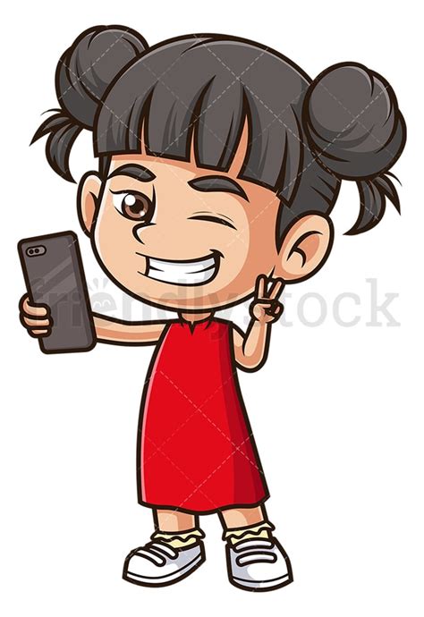 asian girl taking selfie cartoon clipart vector friendlystock