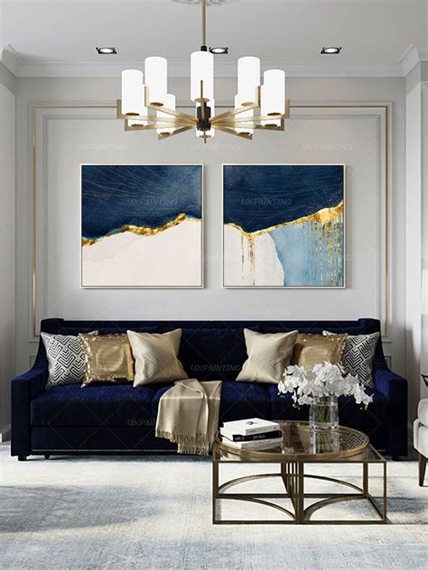 Bule Gold Painting Minimalist Wall Art Framed 2 Pieces Gold Etsy