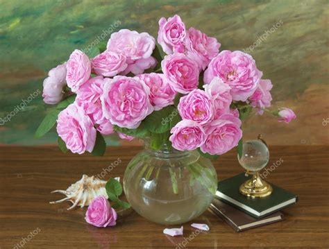 Still Life With Roses Flowers Books Globe And Sea Shell On Artistic