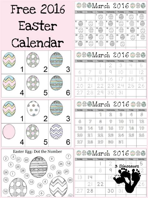 Free 2016 Easter Calendar Printable 3 Dinosaurs