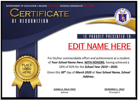 Deped Cert Of Recognition Template Certificates Editable Templates