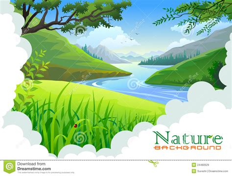 Beautiful Hills And River Landscape Cartoon Vector