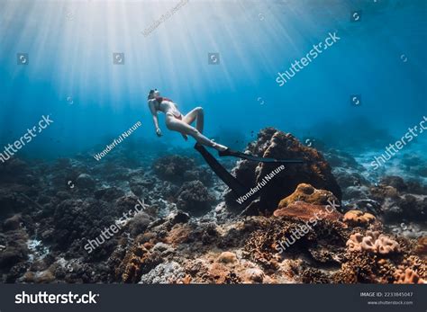 Woman Freediver Bikini Fins Glides Over Stock Photo