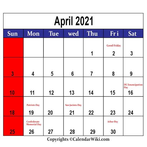 April 2021 Holidays