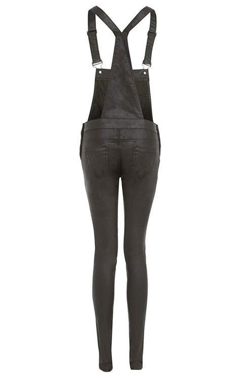 Womens Faux Leather Black Skinny Wet Oil Look Wax Dungaree Straps