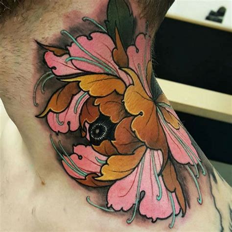 Modern Style Colored Neck Tattoo Of Beautiful Flower Tattooimagesbiz