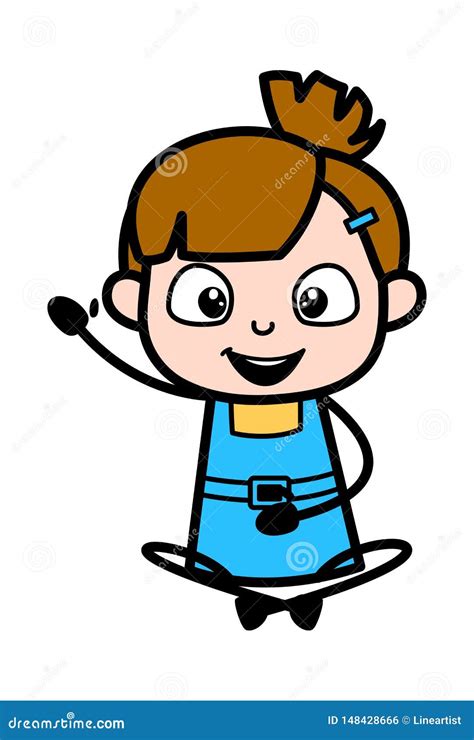 Sitting And Saying Hello By Hand Wave Cute Girl Cartoon Character