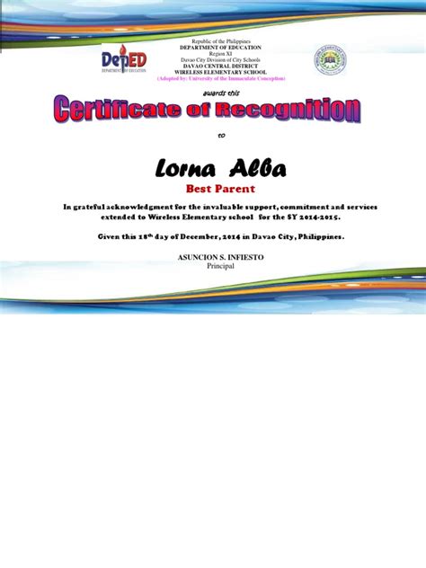 Parent Certificate Of Recognition