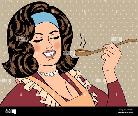 Pop Art Retro Woman With Apron Tasting Her Food Stock Vector Image And Art Alamy