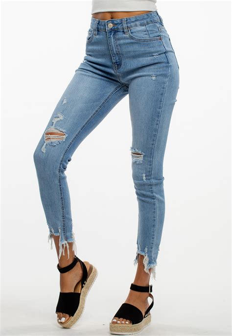 Mid Rise Distressed Skinny Denim Jeans Shop At Papaya Clothing