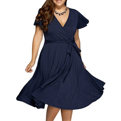 Joineles Plus Size Navy Blue Color Women Summer Dress V Neck Short Sleeves Belts Retro Dress