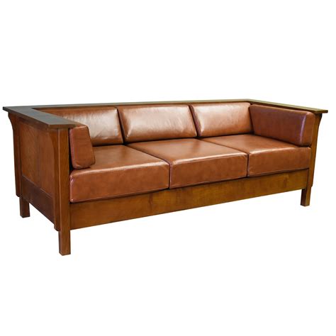 Mission Craftsman Cubic Panel Side Sofa Russet Brown Leather Rb2