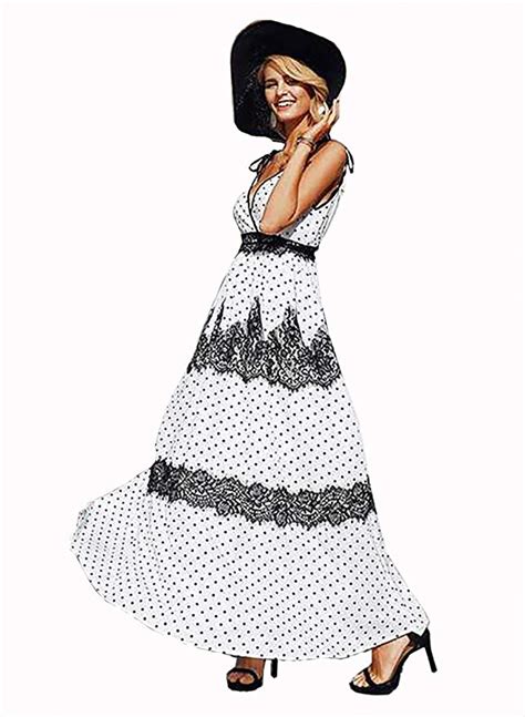 women s bohemian maxi dress lace sexy v neck polka dot sling print dress for beach holiday