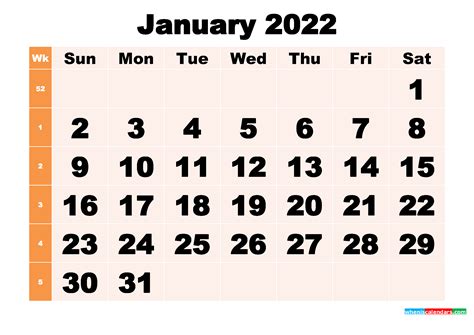 Printable January 2022 Calendar Template Pdf Word Excel January 2022