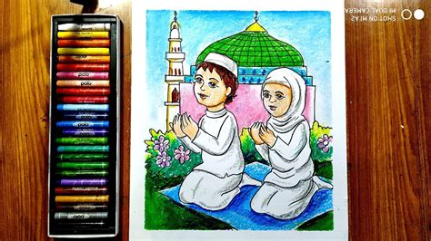 Men, women and children all wear traditional dresses, draws. how to draw muslim festival rosa and eid mobarak for kids ...